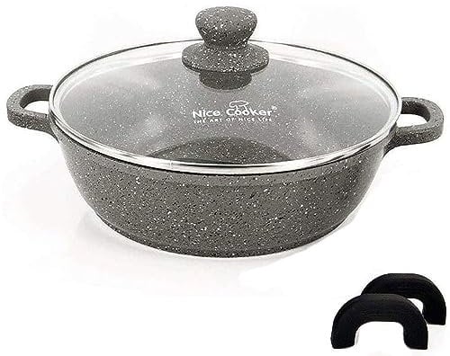 Nice Cooker Bratpfanne, grau, 3 l, antihaftbeschichtet, Roc-Tec® mit echten Steinpartikeln, inklusive Deckel & Griffen, ofen- und induktionsgeeignet, 28 cm