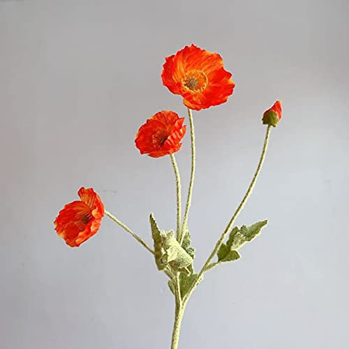Fiori di papaveri artificiali, splendido stelo in seta floccato, bouquet finto realistico, elegante stelo floccato estetico (rosso arancione)