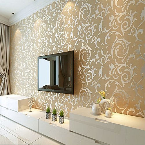 HimYKEA Modern Victorian Damask 3D Embossed Textured Non-Woven Living Room/Bedroom/TV Background Non-Pasted Wallpaper Roll Beige 1.73'W x 32.8'L