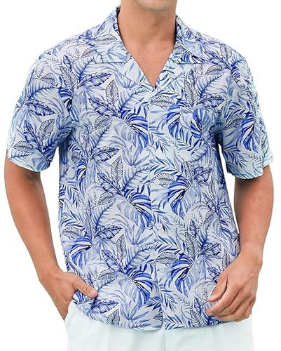 HISDERN Chemise Homme Hawaïenne Manche Courte Coton Été Palmier Chemise Button Down avec Poche Avant pour Vacances Festival Fête Bleu & Blanc 2XL