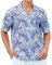 HISDERN Chemise Homme Hawaïenne Manche Courte Coton Été Palmier Chemise Button Down avec Poche Avant pour Vacances Festival Fête Bleu & Blanc 2XL