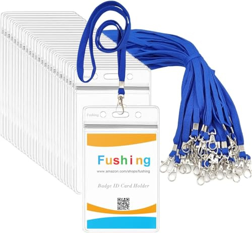 Fushing Lot de 50 porte-badges verticaux en plastique transparent et cordons de cou bleus avec crochet pivotant pour école, festival, événement (S)