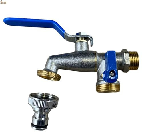 BricoLoco.com Robinet extérieur double sortie avec adaptateur tuyau mural pour jardin ou terrasse Deux sorties pour connecter tuyau, lave-linge, programmateur arrosage... 1/2 x 3/4 x 3/4 (robinet
