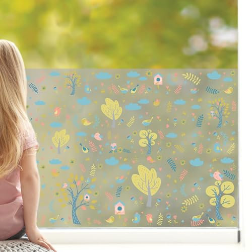 Wandtattoo Loft Sichtschutzfolie Kinderzimmer mit bunten Bäumen und Vögeln als Motiv, Bunte Fensteraufkleber, Milchglasfolie, Kinder Fensterdeko, Dekoration Fenster Aufkleber, Fensterfolie Blickdicht