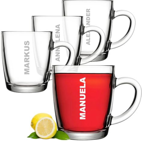 polar-effekt Teeglas 340 ml 4er-Set mit personalisierte Gravur - hitzebeständiges Glas mit Henkel - Geschenk zum Geburtstag - nachhaltig BPA-Frei