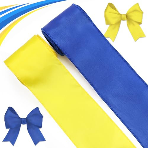Blinket Gelbes und blaues Band für Ukraine, Drahtband, gelb-blaues Band mit Drahtkanten, für Frühling, Sommer, Schleifen, Basteln, Kranzherstellung, Party-Dekoration, Geschenkverpackung, 6,3 cm x 4,5