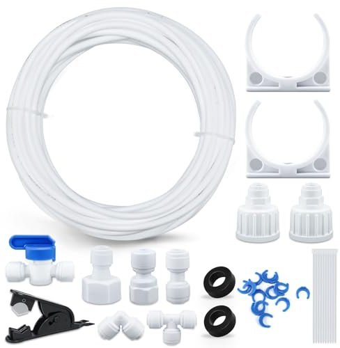 Wasserzulaufleitung Universal Anschluss-Set mit Schlauchschelle Wasserfilter Schlauch 1/4 6,35mm für Side by Side Kühlschrank, Umkehrosmoseanlage Trinkwasser Kühlschrankschlauch Rohrschneider 15m