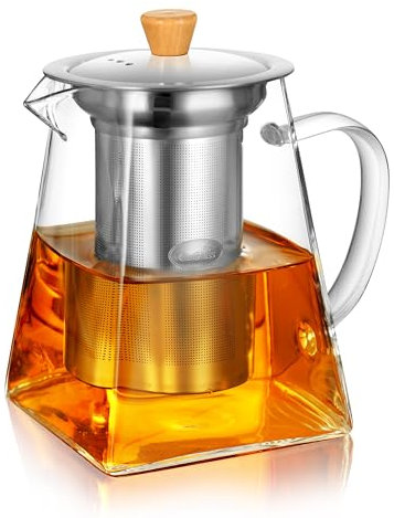 CNGLASS Glass Teapot with Infuser, 700ml/24oz Clear with Removable Stainless Steel Strainer, Stovetop Safe for Blooming and Loose Leaf Tea