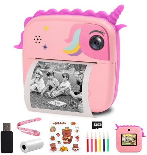 M MUNCASO Kids Camera Instant Print, 2.4 inch No Ink Print Paper & 32G TF Card, 1080P HD Video Toddler Camera with Color Pens for DIY, Fun Gift for Girls Boys 3-14 Years Old