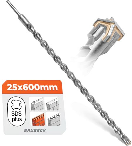 BAUBECK SDS Plus Drill Bit 25 mm x 600 mm Long for Concrete and Stone - Premium 40CR Steel, Durable - 4 Cutting Masonry Drill Bits 25 mm for Best Results - SDS Plus Drill Bit 25 mm Concrete Drill Bit