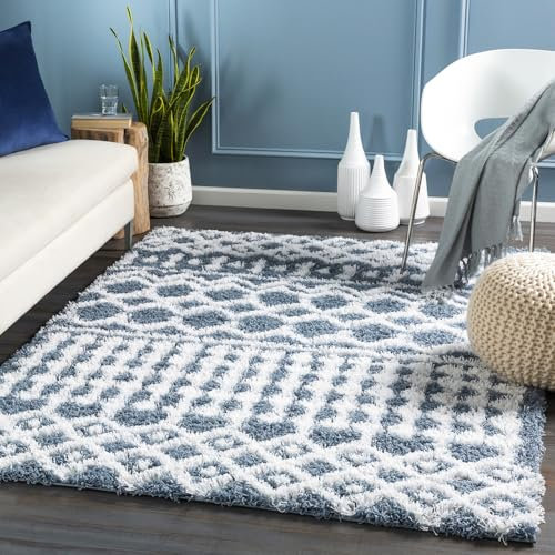 Livabliss Dubai Shaggy Rug - Modern Berber Rugs Living Room, Large 130x170 cm, Soft Shaggy Rugs for Bedroom - Neutral Boho Fluffy Rug, Easy Care Plush Thick Pile - Dark Blue and White
