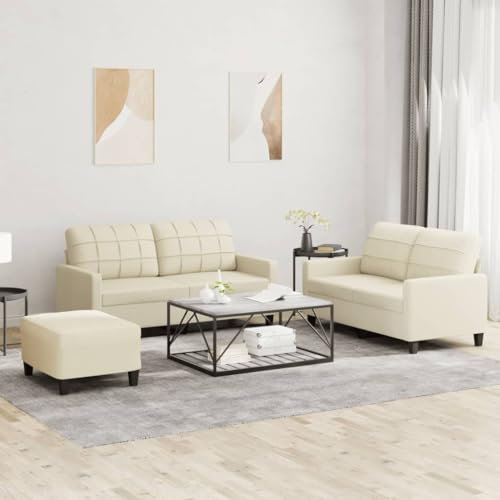 Willood 2 Sitzer(120cm) + 2 Sitzer Sofa (140cm) +Fußhocker Couch Loungesofa Sessel Kunstleder Creme