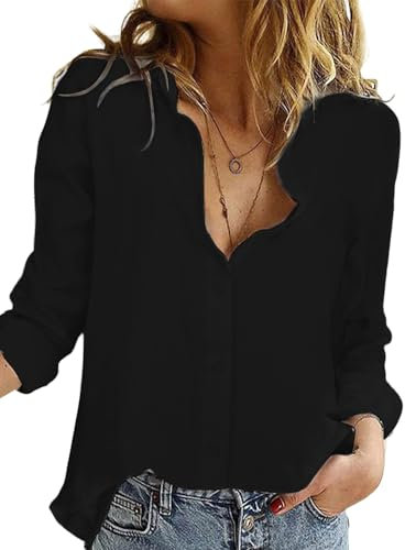 Friptspyg Women's Blouses Shirts 100% Cotton Long Sleeve Botton Down Shirts for Women UK, Black S