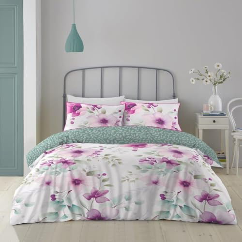 Super Dreamer 4 Piece Bedding Double Bed Set - Reversible Leaf Duvet Cover With Pillowcases & Fitted Sheet - Polycotton Breathable Comforter Cover