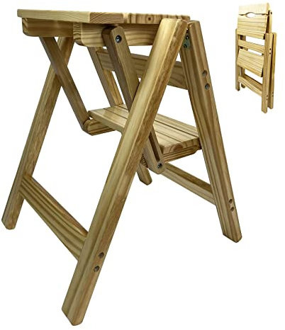 Tritthocker aus Holz, Klapptrittleiter mit Handgriff und rutschfestem Breiten Pedal, 2-Stufen-Hocker für Erwachsene, Leiterhocker für Wohnzimmer, Küche, Garten