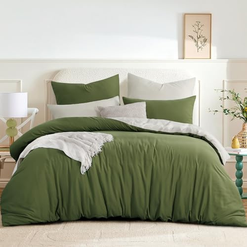 Ruikasi, set biancheria da letto 200 x 220 cm, verde oliva beige 3 pezzi - copripiumino reversibile con cerniera, set biancheria da letto in microfibra Oeko-TEX, morbido e non necessita di stiratura