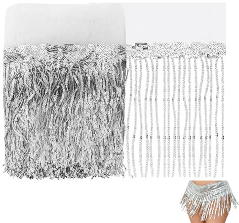 NBEADS 10 Yards Pailletten Spitze Quaste Fransenbesatz, 25cm Breit Polyester-Fransen-Spitzenbesatz Tanz Kostüm Fransen Trim für Kleidungsstück Zubehör Latein Kleid Dekoration, Silber