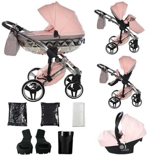 Junama Kinderwagen Diamond Hand Craft Glitter 2in1 3in1 4in1 (01 - Aprikose und Silber, 3in1 mit Autositz)
