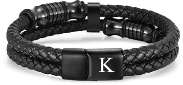 TOLOWOBK Lederarmband Herren mit Gravur A-Z Buchstaben Schwarz Doppelstrang | Männer Armband 21cm mit Edelstahl Magnetverschluss Geflochten Armbänder Weihnachten Geburtstag Geschenk für Mann Papa Freund