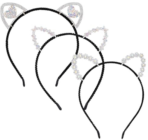 Lot de 3 bandeaux à oreilles de chat avec strass et cristaux scintillants pour déguisement de chat, accessoires de fête