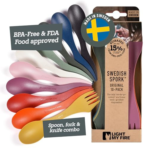 Light my Fire Spork Original 3-in-1 Camping Cutlery Knife Fork Spoon Set 10pack Survival Gifts for Scouts Camping Accessories Sporks Reusable Travel Cutlery Set