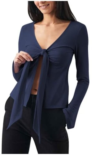 Tshirt Damen Leicht Und Luftig, Günstig Sexy T-Shirt Mit Langen Ärmeln Und Schleife Zum Binden Slim Fit, Sonderangebot Bluse Weich Bequem, Shirt Top Casual Fashion, Oberteile Elegant Schick