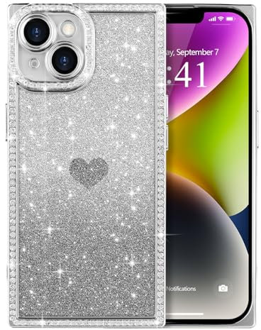 ROSEHUI for iPhone 14 Case Glitter,Rectangle Clear Sparkly Phone Case with Bling Rhinestone Cute Heart Pattern Glitter Paper,Camera Protective TPU Shockproof Cover for Women Girls-Silver