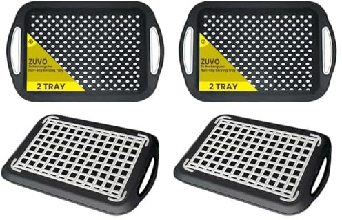 Zuvo 2Pcs Anti-Slip Food Serving Tray with Handles, Multipurpose Non-Slic Dinner/Drinks Serving Trays with High Grip Rubber, Ideal for All Homes (Grey) (Pack of 2)