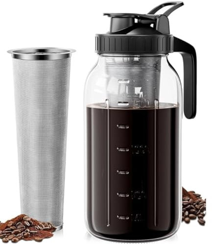 Cafultgo Kaltgebrüh-Kaffeemaschine mit schwarzer Abdeckung, 1500 ml Glaskrug, Edelstahlfilter, luftdichter Deckel(Black)