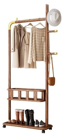 GEK208130 Couloir Porte-Manteau en Bois Massif sur Pied, hôtel Multifonctionnel avec Support de Rangement, Porte-vêtements, Plusieurs scènes Porte-Chapeaux