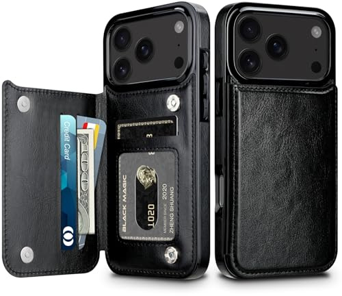 Coolden Handyhülle für iPhone 17 Pro Hülle mit Kartenfach Klapphülle Leder | Standfunktion Stoßfeste Schutzhülle Premium Klappbar PU Lederhülle Magnetische Flip Case Cover für iPhone 17 Pro, Schwarz