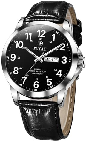 Taxau Mens Watches Leather Strap Men's Wrist Watches Waterproof Watch for Men Big Face Analog Quartz Dress Watch with Day Date