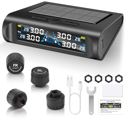 Liwogi Tpms Reifendrucküberwachungssystem mit 4 Reifen, 0-6.8Bar | Auto Reifendruckprüfer mit Alarmmodus Solar/ USB-Laden für Lkw Elv Wohnmobil,0-99 PSI,Dynamische Spur
