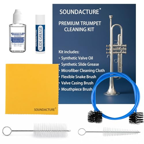 SOUNDACTURE Trumpet Cleaning Kit – Complete Trumpet Care Cleaning Kit with Valve Oil, Slide Grease, Brushes & Cloth for Instrument Care Students Band