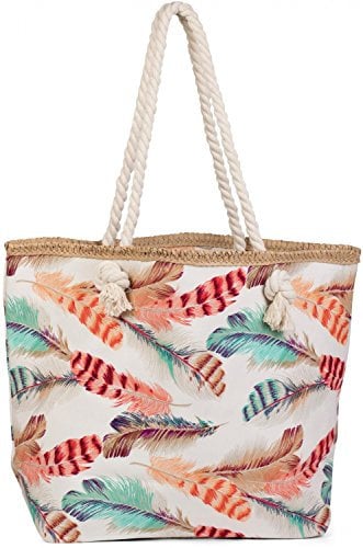 styleBREAKER Strandtasche mit buntem Feder Muster und Bast Saum | separates Kosmetiktäschchen | Reißverschluss | 47 x 32 x 15 cm | Damen Shopper Badetasche, Farbe:Creme-Beige