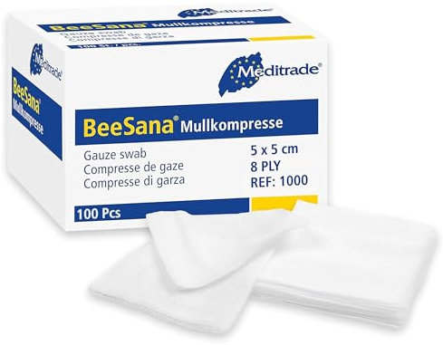 Meditrade 1000 Beesana Mullkompressen, Unsteril, 8-Fach, 5 cm Länge x 5 cm Breite (100-er pack)