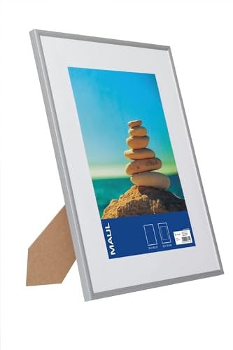 Maul Bilderrahmen MAULdesign 30x40 cm aus Aluminium | zum Hängen in Quer- und Hochformat | edler, schmaler Wechselrahmen mit Passepartouteinleger | ideal für Fotos, Collage und Bilder | Silber