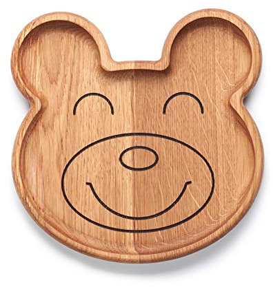 Edeldings Antibakterieller Massivholz Kinderteller BÄR aus hochwertiger Eiche | Groß 20 х 20 cm | Holz-Geschirr für Kind und Baby, Holztablett, Holzschale, Servierteller, Holzteller