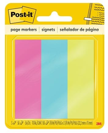Post-it Page Markers #5223 7/8 in x 2-7/8 in (22.2 mm x 73 mm) Assorted Bright Colors [3 x 50ct Pads] [150 Sheets Total]