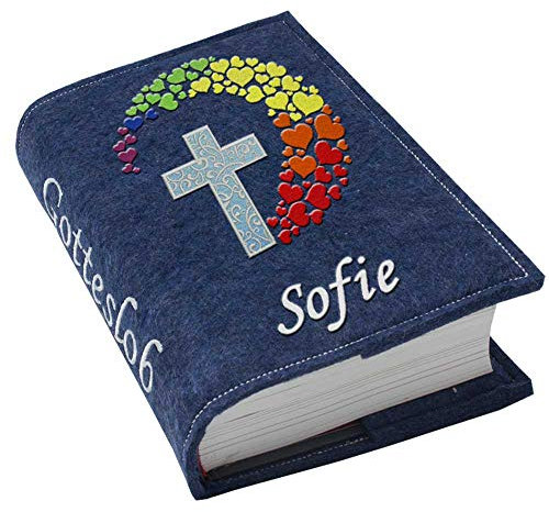 Gotteslob Gotteslobhülle Großdruck Kreuz Herzen Regenbogen Filz mit Namen bestickt hellgrau weiß dunkelgrau lila blaugrau dunkelblau türkis maigrün flieder, Farbe:dunkelblau meliert