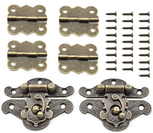 SDTC Tech Retro Design Jewelry Box Antique Buckle Latch and Vintage Bronze Engraved Hinge with Matching Screws Kit for Decorative Cabinet Small Wooden Box Project (2X Hasp Catch + 4X Hinges)