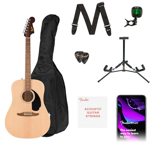 Una Fender chitarra acustica CA Debut Redondo in finitura Natural, una gig bag, una tracolla, plettri, uno stand per chitarra
