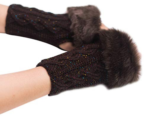 MoreChioce Winter Gestrickte Handschuhe,Damen Kunstpelz Armstulpen Pulswärmer Strick Armwärmer Kurz Handwärmer Stulpen Armmanschette,Kaffee