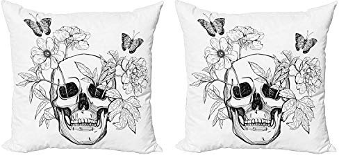 ABAKUHAUS Totenkopf Dekokissen Kissenbezug 2er Pack, Schädel Schmetterlinge, Modern Accent Doppelseitiger Digitaldruck, 40x40, Weiß Schwarz
