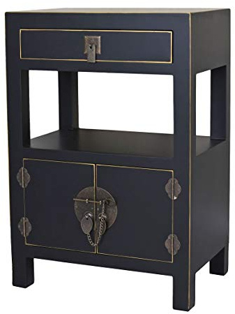 Chinesischer Nachtschrank Madame Wong Schwarz – Authentischer Ming‑Stil, 2 Türen & 1 Schublade, Holz/MDF, Antik Patinierte Metallbeschläge, mya019 Palazzo Exklusiv