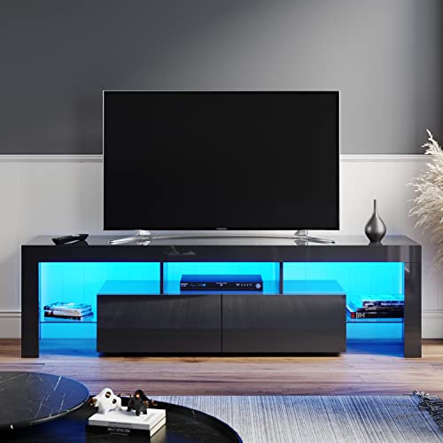 ELEGANT TV Cabinets for Living Room Bedroom 1600mm Stylish High Gloss TV Units with Ambient RGB Light for Flat Screen 4k TVs LED Lights TV Stand Unit 22-52 inch with Shelves and Drawers, Black