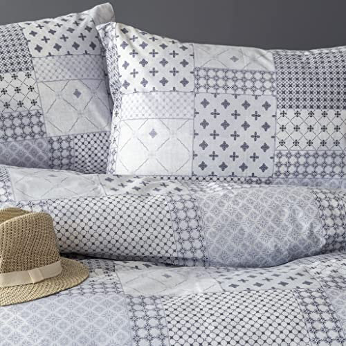 LERUUM Parrure De Lit 200x200 Adulte Coton Bleu pour 2 Personnes Géométrique Motif Patchwork House de Couette avec 2 Taie Oreiller 65x65cm