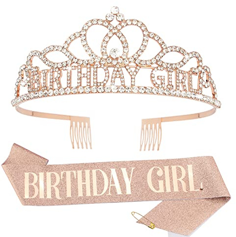 CIEHER Birthday Crown and Sash Set, Birthday Decorations, Birthday Sash and Birthday Tiara (Rose Gold)