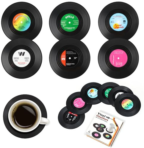12 Stück Isolierte Kaffee Getränke Untersetzer, Tasse Matte rutschfeste Isolierte Kaffee Getränke Matte, Retro Vinyl Schallplatten Untersetzer, Bieruntersetzer Musik für Tassen Tisch Bar Glas Gläser