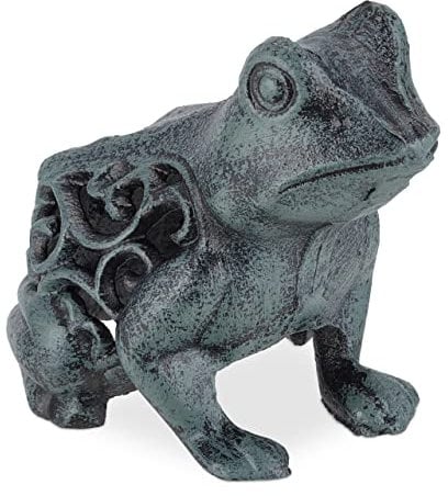 Relaxdays Frosch Deko, Gusseisen, wetterfeste Gartenfigur, HxBxT: 10 x 8 x 11 cm, Dekofigur innen & außen, grün/schwarz